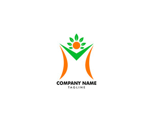Initial Letter M Logo With People and Leaf Shape, Initial Letter M For Health Care Logo Template