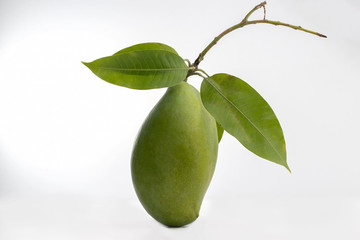 Delicious ripe mango with green leaf on white background. 