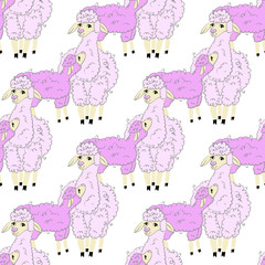 Seamless pattern. Vector lama mom and baby. Cute happy childhood background.