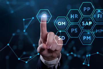 SAP System Software Automation concept on virtual screen data center. Business, modern technology, internet and networking concept.