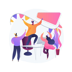 Office workers, coworkers having fun together. Corporate party, special event celebration, business success. Company staff, colleagues in festive hats. Vector isolated concept metaphor illustration