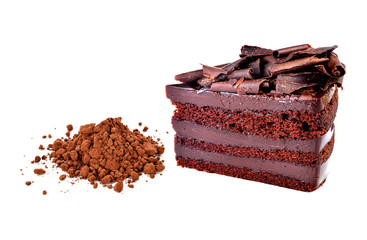 Chocolate cake and cocoa powder on white background.