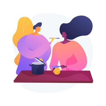Young couple, girlfriend and boyfriend cooking together. Homemade cuisine, romantic relationship, dinner preparation. Husband and wife on kitchen. Vector isolated concept metaphor illustration