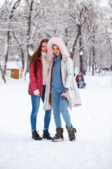 Fototapeta na wymiar Portrait two young beautiful women walking in winter park