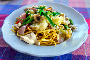 Chinese fried noodles with chicken, vegetables and green onions. Crispy noodles in sauce with cauliflower, mushrooms, chicken fillet, close-up, selective focus.