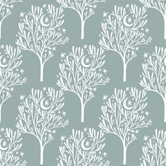 Nature seamless pattern background with forest trees, stars, moon.