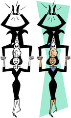 A cartoon of a couple doing an acrobatic headstand on each other. 