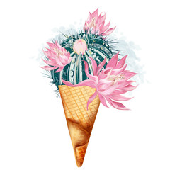 Fashion vector illustration with creative ice cream from cactus