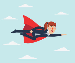 Super Businesswoman. Cartoon superhero flying with cape waving in the wind. Successful hero business woman. Success, leadership and victory in business vector concept