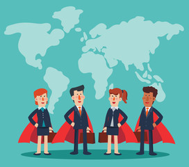 Super Business man and business woman. Cartoon superhero standing with cape waving in the wind. Successful hero businessman and businesswoman Success, leadership and victory in business vector concept