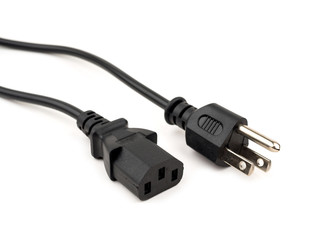 PC Ac power cord, 3-pin receptacle socket on white background, selective focus