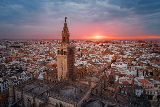 Seville Cathedral aerial view sunrise