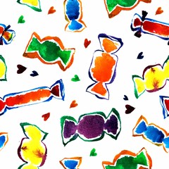 Decorative watercolor seamless pattern with colored candies and hearts drawn by hand. Background for printing on fabric, Wallpaper, packaging paper. Design of the cafe menu. Cute illustration