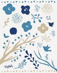 北欧レトロの鳥と植物のベクターイラスト