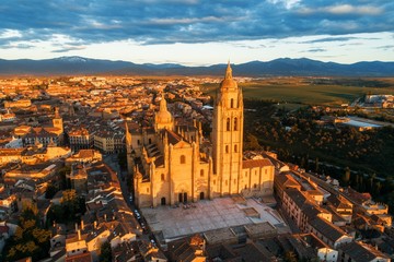Fototapeta na wymiar Segovia Cathedral aerial view sunrise