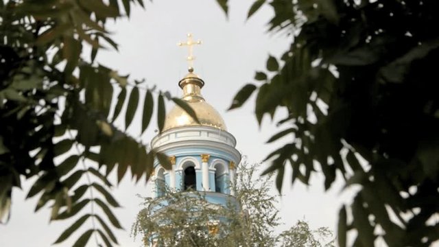 dome of the Orthodox temple between the leaves of the tree