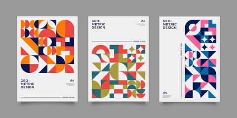 Placard templates set with Geometric shapes, Retro geometric style flat and line design elements. Retro art for covers, banners, flyers and posters. Eps 10 vector illustrations