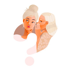 Two stylish model girls gossiping vector illustration. Question mark. One excited blond girl whispers private secret or rumours to her friend. Pastel pale colors.
