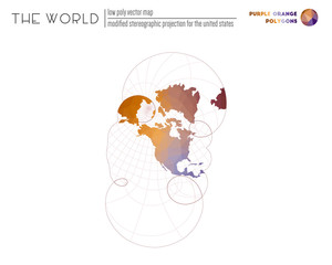 World map with vibrant triangles. Modified stereographic projection of the world. Purple and orange colored polygons. Amazing vector illustration.