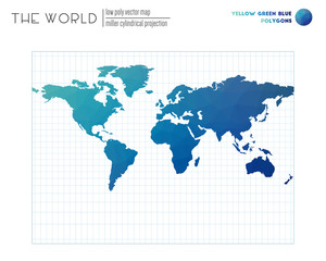 Vector map of the world. Miller cylindrical projection of the world. Yellow Green Blue colored polygons. Creative vector illustration.