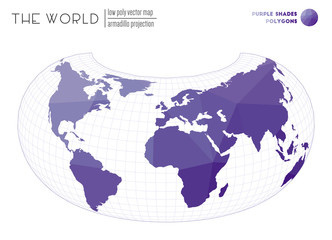Abstract world map. Armadillo projection of the world. Purple Shades colored polygons. Beautiful vector illustration.