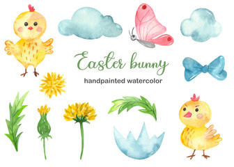 Watercolor Easter set with chickens, flowers, clouds, butterfly