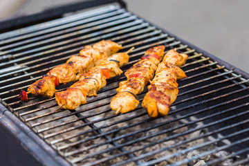 Delicious bbq kebab grilling on open grill, outdoor kitchen. Food festival in city. Tasty food roasting on skewers, food-court. Summer picnic