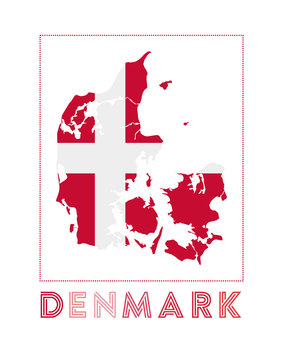 Denmark Logo. Map of Denmark with country name and flag. Trendy vector illustration.