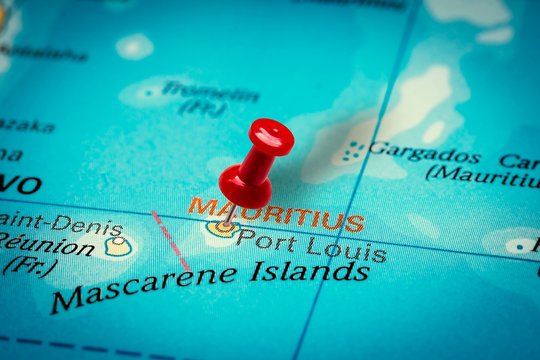 Pushpin pointing at Port Louis city in Mauritius