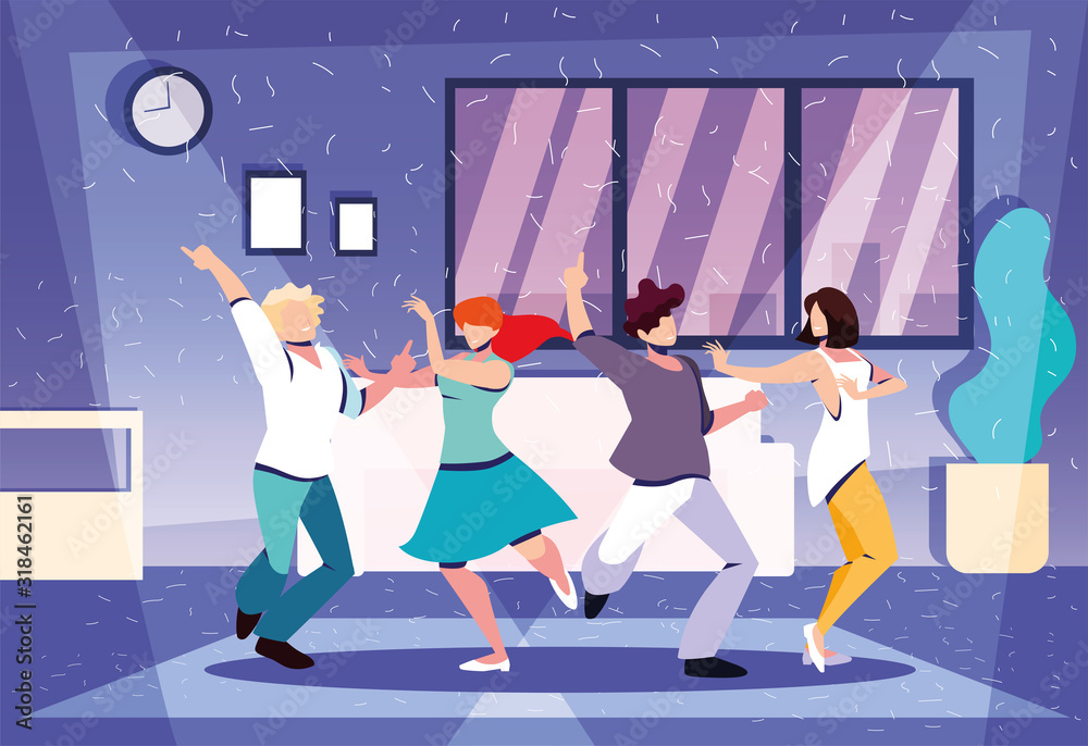 Poster group of people dancing in home , party, music and nightlife