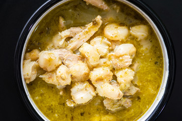 Green Pozole, traditional Mexican cuisine, hominy stew