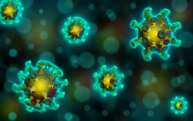 Corona virus cell 3D rendering illustration art, Microscopic view of floating MERS or SARS virus cell close up inside human body, dark background, Dangerous disease from China.