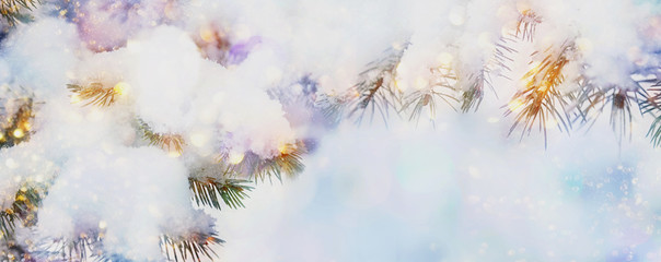 Beautiful Christmas snow background with fir tree branches, snow and lights, winter time, New year holiday