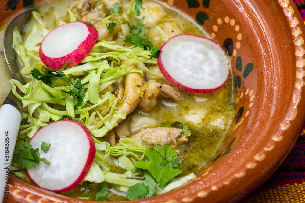 Wall mural Green Pozole, traditional Mexican cuisine, hominy stew