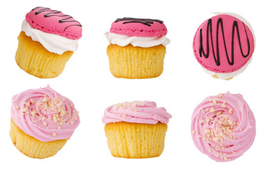 Cupcakes isolated. Set of cakes with pink cream and different side view isolated on white background, sweet baking dessert