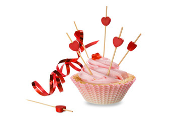 Cake with cream and red heart ribbon isolated on white background. With a shadow. Valentines day