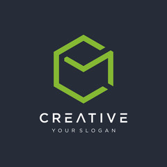 Letter CM Logo with hexagon concept. Template Illustration Business Company Vector Logo Design. Creative minimalism logotype icon symbol. - VECTOR