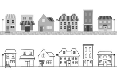 Set of two illustrations of a cityscape with houses and shops