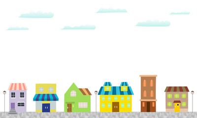 Illustration of a cityscape with houses and shops