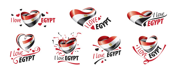 National flag of the Egypt in the shape of a heart and the inscription I love Egypt. Vector illustration