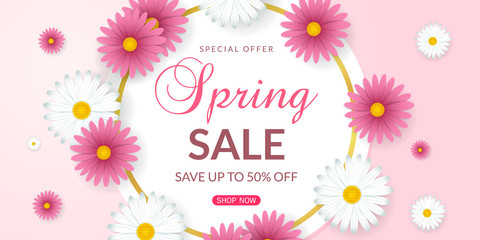 Spring sale background with beautiful white and pink flowers