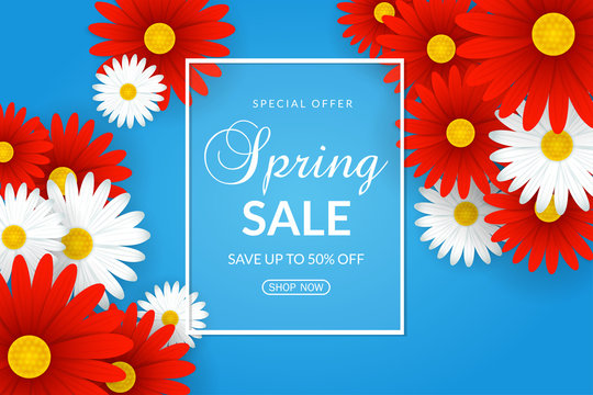 Spring sale background with beautiful white and red flowers