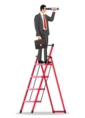 Businessman with briefcase on ladder looking for opportunities in spyglass. Business man with telescope. Searches new perspectives. Looking in future. Leadership or visionary. Flat vector illustration