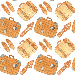travel set - seamless pattern on white background - watercolor illustration - vintage suitcase, shoes