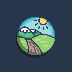 Mountains with road and sun flat icon. Round colorful button, Rural landscape with mountains and hills circular vector sign. Flat style design