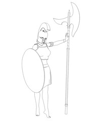 warrior woman character, 3D illustration, sketch, outline