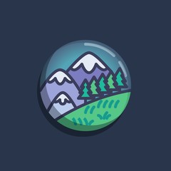 Mountain landscape with forest trees flat icon. Round colorful button, Snowy mountains and trees circular vector sign. Flat style design