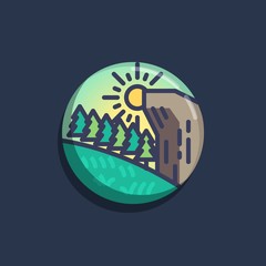 Forest trees with mountain and sun flat icon. Round colorful button, Mountain forest landscape circular vector sign. Flat style design
