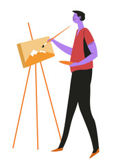 Artist or painter with easel and paintbrush, isolated male character