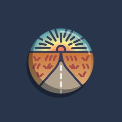 Highway to sunset flat icon. Round colorful button, Country road sunset circular vector sign. Flat style design